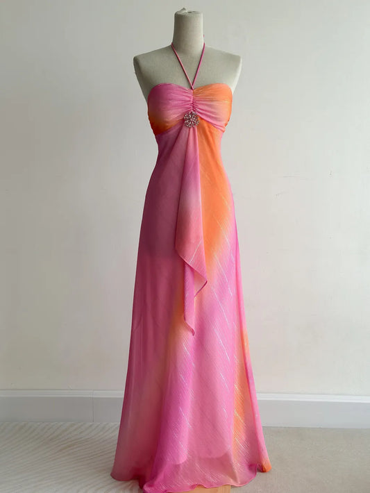 Superbe robe de soirée longue en satin fuchsia, style sirène, sans bretelles, ED02613