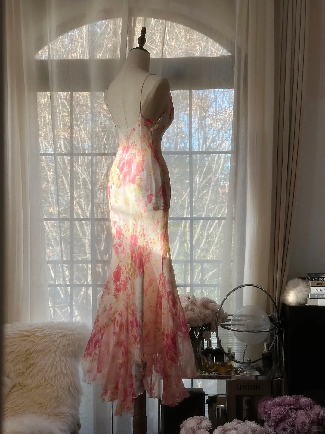 Superbe robe de soirée longue en satin fuchsia, style sirène, sans bretelles, ED02613