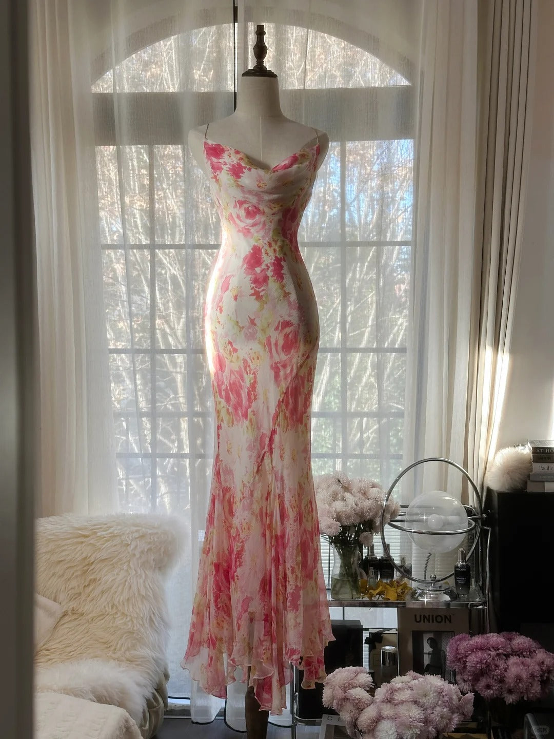 Superbe robe de soirée longue en satin fuchsia, style sirène, sans bretelles, ED02613
