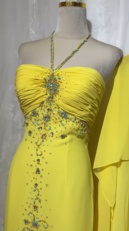 Stunning Yellow Halter Neck Sheath Chiffon Beaded Hi-Lo Prom Dresses Elegant Wedding Guest Dresses ED03031