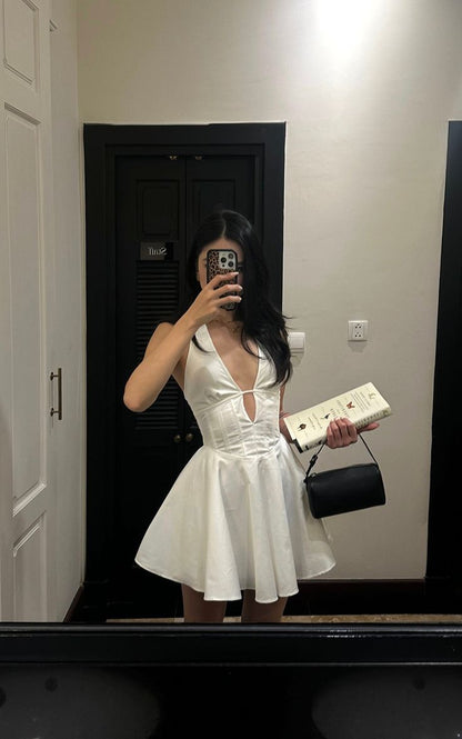Simple White V-neck A-line Satin Short Birthday Dress Pool Party Dress ED03041
