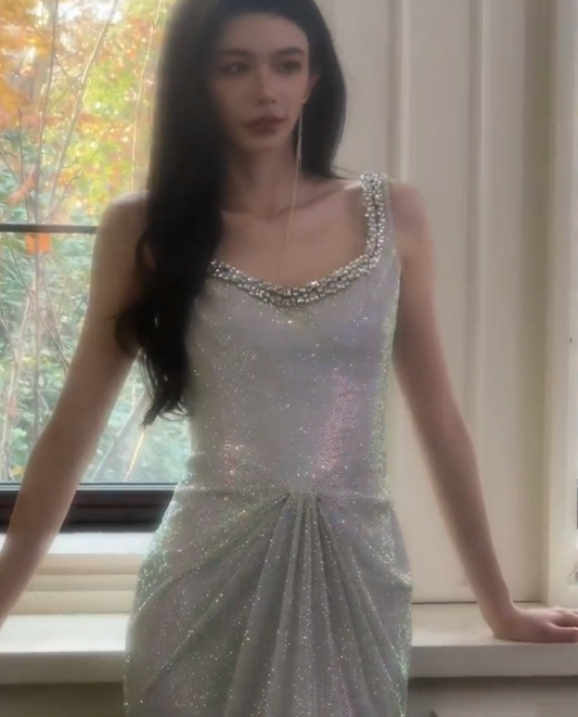 Superbe robe de soirée longue en satin fuchsia, style sirène, sans bretelles, ED02613