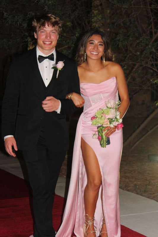 Superbe robe de soirée longue en satin fuchsia, style sirène, sans bretelles, ED02613