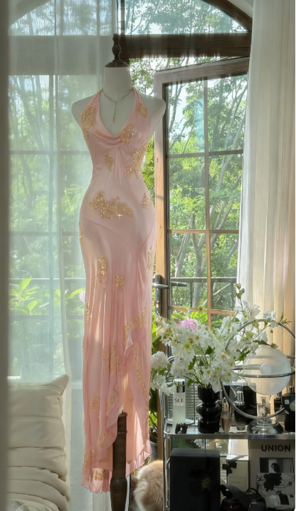 Vintage Green Halter Sheath Beaded Chiffon Long Prom Dresses Elegant Green Evening Gowns ED03052