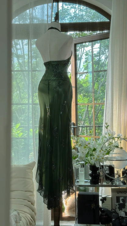 Vintage Dark Green Halter Sheath Beaded Chiffon Long Prom Dresses Eleg EvaFashionDress Vintage Dark Green Halter Sheath Beaded Chiffon Long Prom Dresses Eleg EvaFashionDress