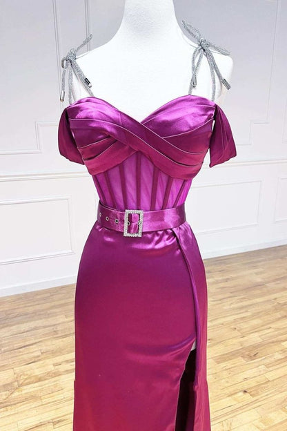 Superbe robe de soirée longue en satin fuchsia, style sirène, sans bretelles, ED02613