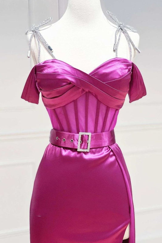 Superbe robe de soirée longue en satin fuchsia, style sirène, sans bretelles, ED02613