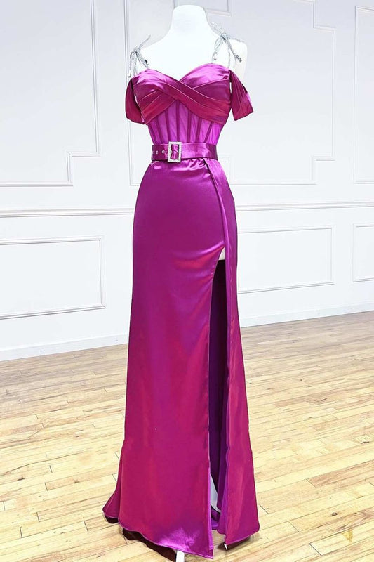 Superbe robe de soirée longue en satin fuchsia, style sirène, sans bretelles, ED02613