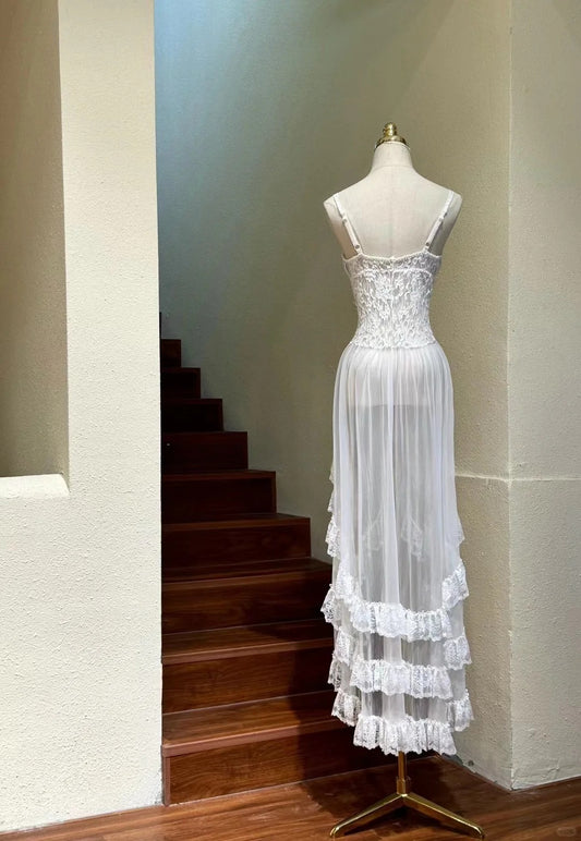 Classic White Spaghetti Straps A-Line Tulle Lace Birthday Evening Dress Vintage Formal Dress ED03091