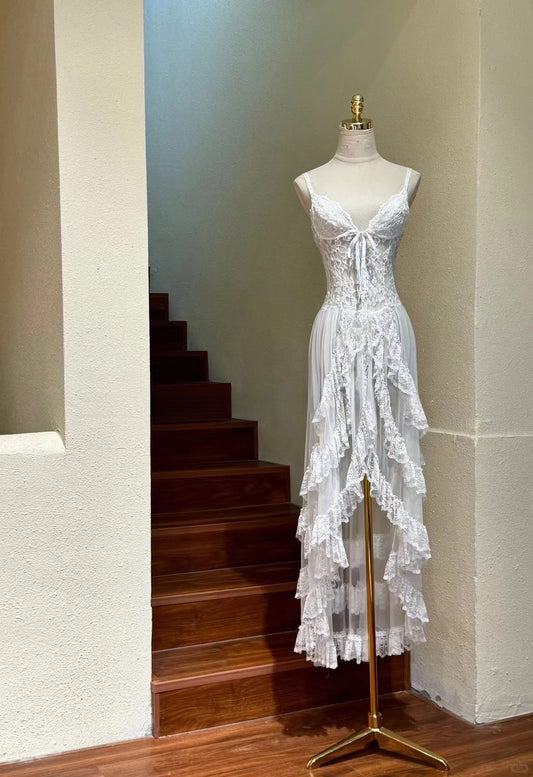 Classic White Spaghetti Straps A-Line Tulle Lace Birthday Evening Dress Vintage Formal Dress ED03091
