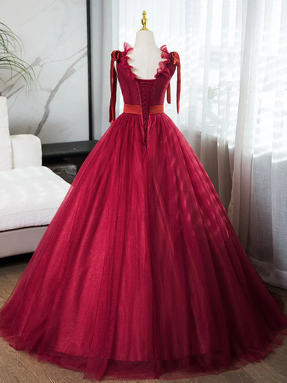 Robe de bal longue bordeaux en tulle, coupe trapèze, col en V, robe de soirée longue bordeaux ED031