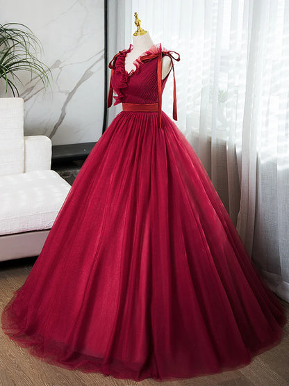 Robe de bal longue bordeaux en tulle, coupe trapèze, col en V, robe de soirée longue bordeaux ED031