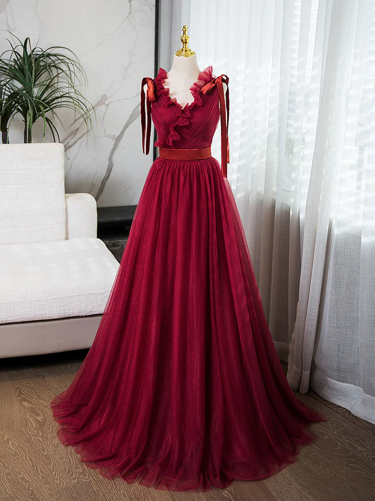 Robe de bal longue bordeaux en tulle, coupe trapèze, col en V, robe de soirée longue bordeaux ED031