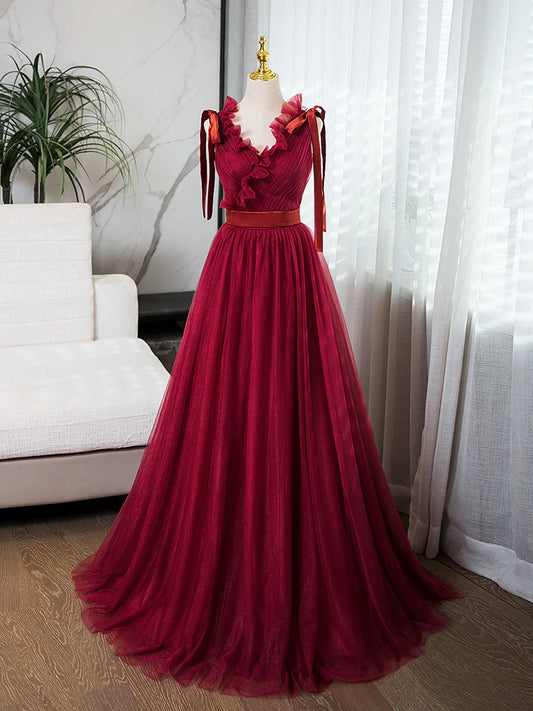 Robe de bal longue bordeaux en tulle, coupe trapèze, col en V, robe de soirée longue bordeaux ED031