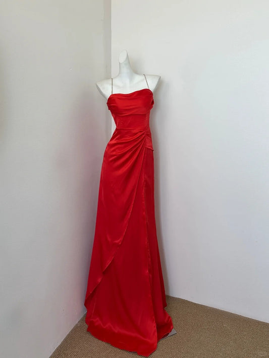 Superbe robe de soirée longue en satin fuchsia, style sirène, sans bretelles, ED02613