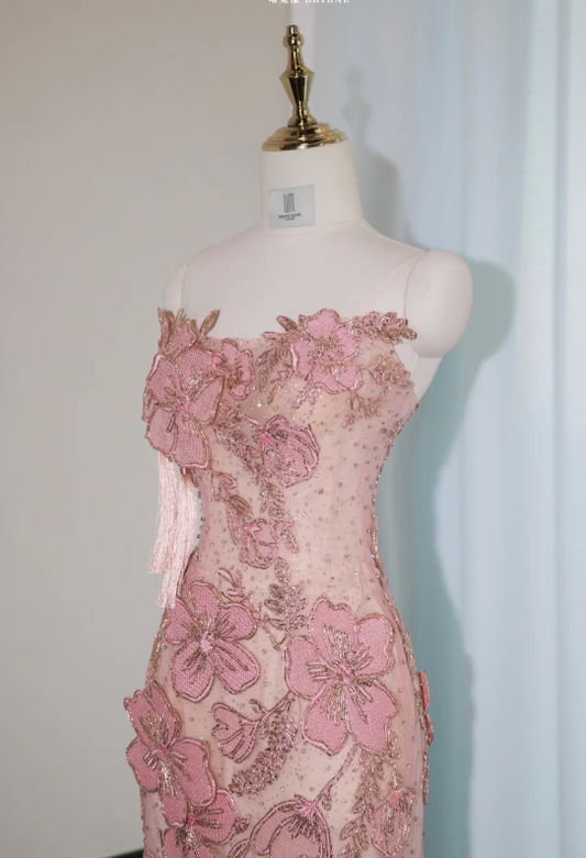Superbe robe de soirée longue en satin fuchsia, style sirène, sans bretelles, ED02613