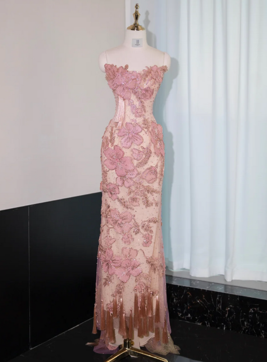 Superbe robe de soirée longue en satin fuchsia, style sirène, sans bretelles, ED02613