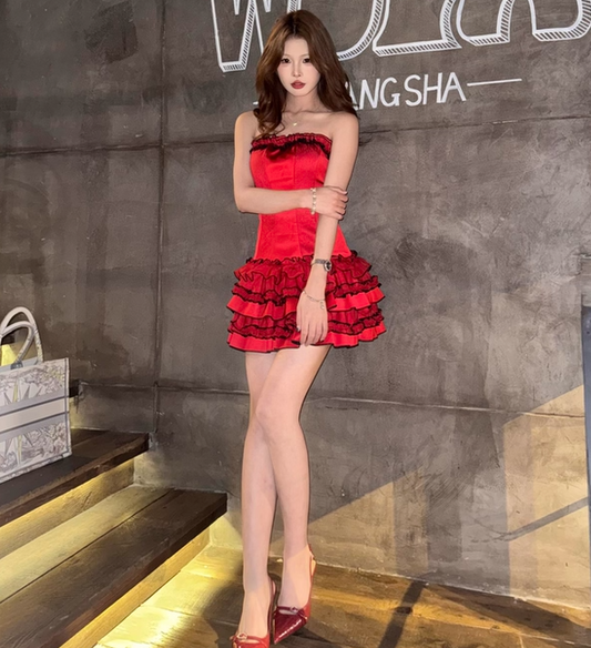 Fashion Red Strapless Sheath Layered Satin Short Prom Dresses Outdoor Party Outfit ED03120