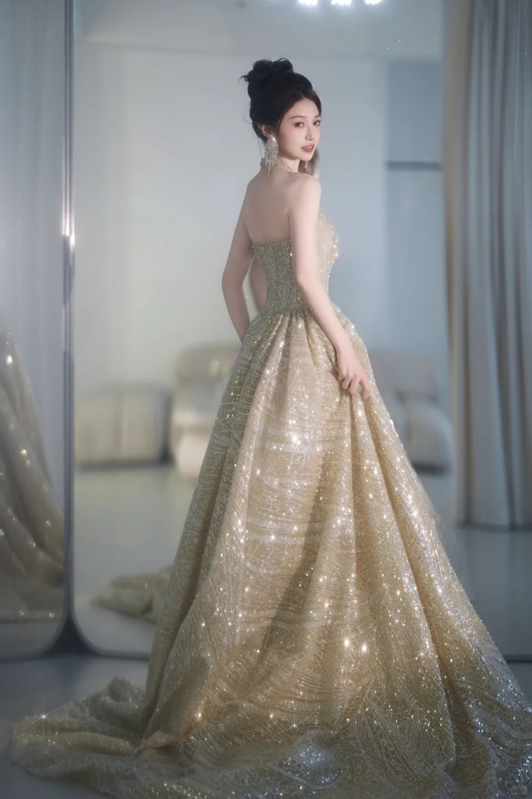 Glitter Elephant V-neck A-Line Tulle Sequins Beaded Long Prom Dresses Formal Evening Gowns ED03122