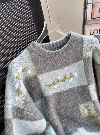 Japanese retro color matching embroidered long sleeve sweater ED0313