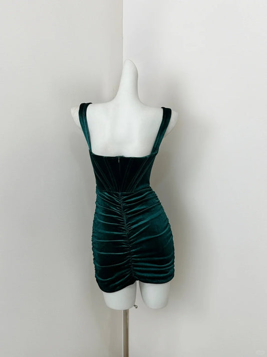 Retro Green Spaghetti Straps Bodycon Velvet Short Prom Dresses Elegant Homecoming Dress ED03143