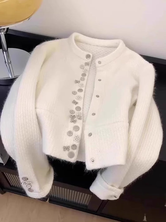 Chanel style white raccoon fleece round neck cardigan ED0314