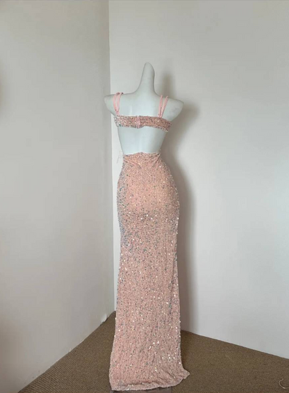 Gorgeous Pink Spaghetti Straps Sheath Sequin Long Prom Dresses Formal Evening Gowns with Slits Wedding Guest Dress  ED03167