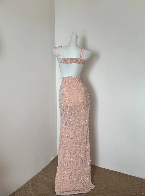 Gorgeous Pink Spaghetti Straps Sheath Sequin Long Prom Dresses Formal Evening Gowns with Slits Wedding Guest Dress  ED03167