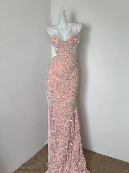 Gorgeous Pink Spaghetti Straps Sheath Sequin Long Prom Dresses Formal Evening Gowns with Slits Wedding Guest Dress  ED03167