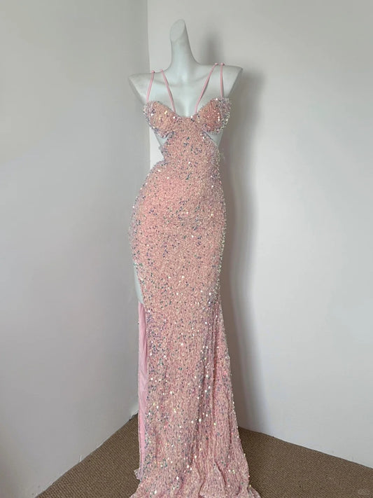 Gorgeous Pink Spaghetti Straps Sheath Sequin Long Prom Dresses Formal Evening Gowns with Slits Wedding Guest Dress  ED03167