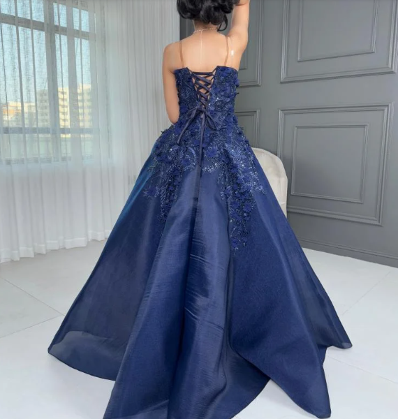 Glamour Navy Blue Strapless A-Line Tulle Long Prom Dresses Formal Evening Gowns with Appliques ED03169