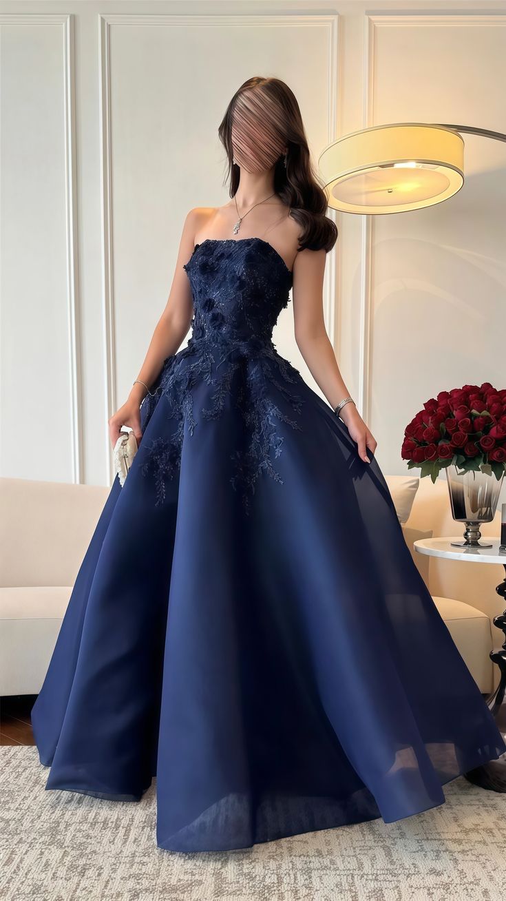 Glamour Navy Blue Strapless A-Line Tulle Long Prom Dresses Formal Evening Gowns with Appliques ED03169