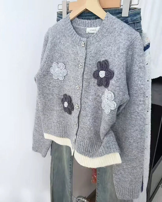 Grey Knitted long sleeve Cardigan with Handmade Flowers ED0316