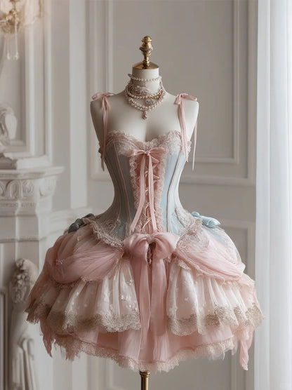 Gorgeous Pink Spaghetti Straps Tulle Lace Lolita Dresses Sleeveless Short Prom Dress Sweet Birthday Dress ED03177