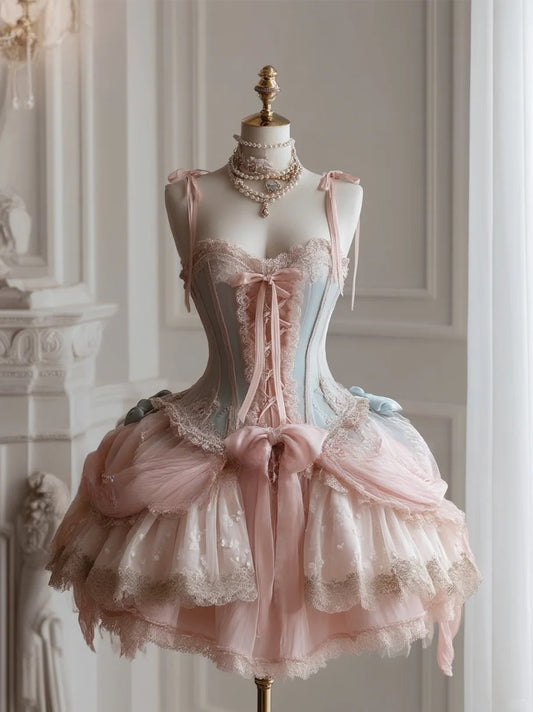Gorgeous Pink Spaghetti Straps Tulle Lace Lolita Short Prom Dress Sweet 16 Dress ED03177