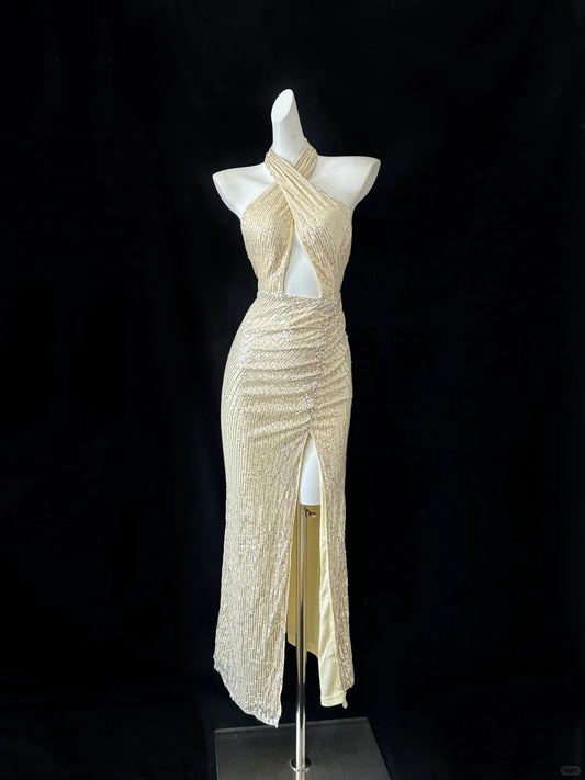 Fashionable Light Yellow Halter Neck Sheath Sequin Evening Dress Elegant Party Dress ED03182