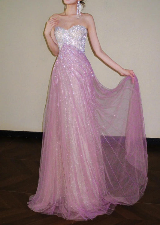 Sweet Pink Sweetheart A-Line Tulle Sequins Long Prom Dresses Elegant Formal Evening Gowns ED03190
