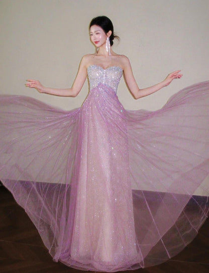 Sweet Pink Sweetheart A-Line Tulle Sequins Long Prom Dresses Elegant Formal Evening Gowns ED03190