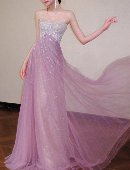 Sweet Pink Sweetheart A-Line Tulle Sequins Long Prom Dresses Elegant Formal Evening Gowns ED03190