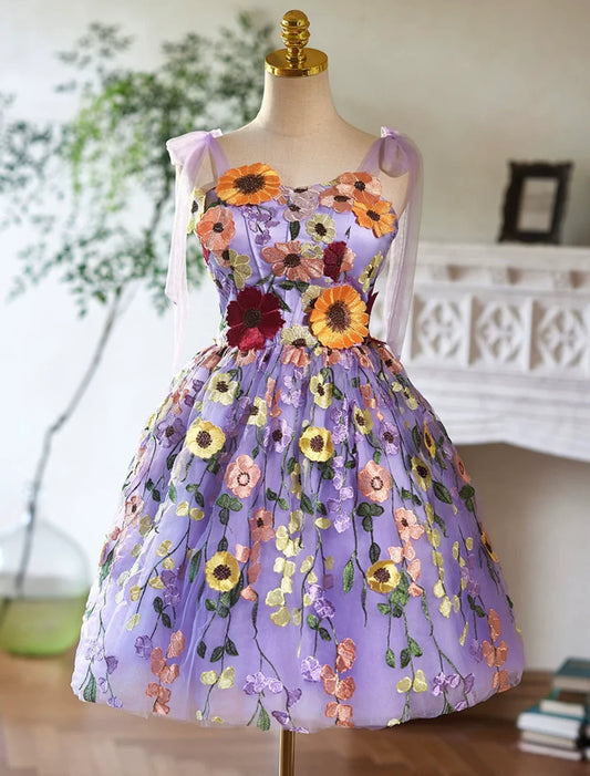 Robe de bal courte en tulle violet et dentelle, robe de soirée violette ED032