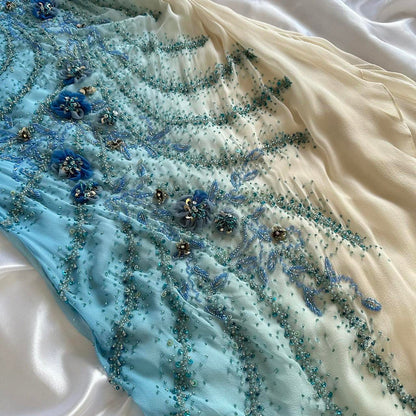 Elegant Gradient Blue Spaghetti Straps Sheath Chiffon Beading Prom Dresses Vintage Evening Gowns ED03204