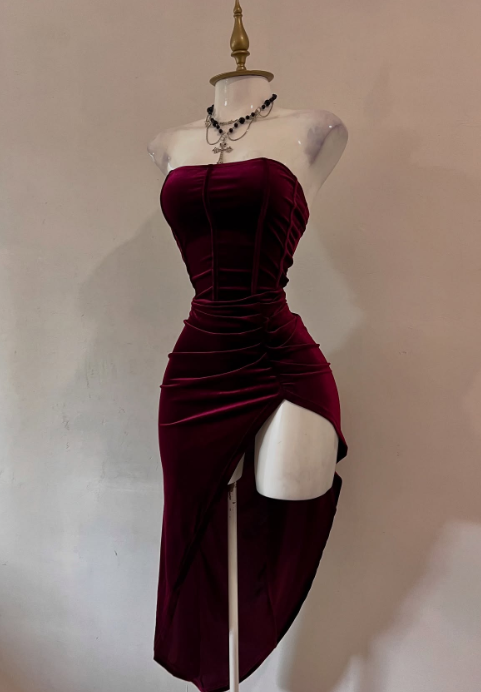 Elegant Burgundy Strapless Party Dress Bodycon Satin Short Evening Gowns Sexy Birthday Dresses