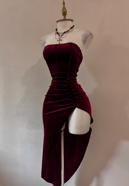 Elegant Burgundy Strapless Party Dress Bodycon Satin Short Evening Gowns Sexy Birthday Dresses