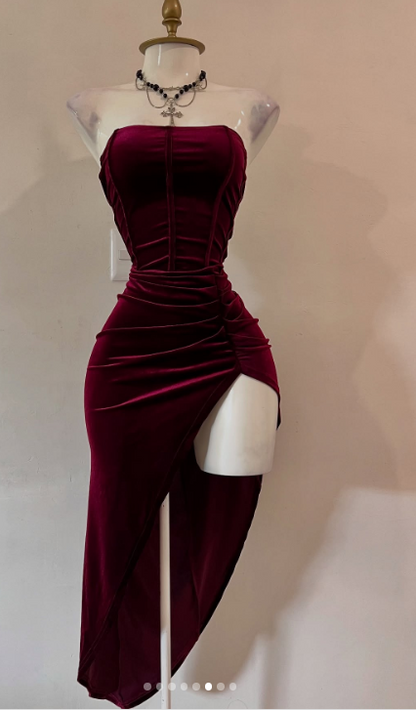 Elegant Burgundy Strapless Party Dress Bodycon Satin Short Evening Gowns Sexy Birthday Dresses