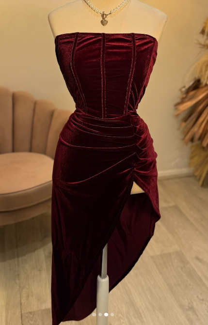 Elegant Burgundy Strapless Party Dress Bodycon Satin Short Evening Gowns Sexy Birthday Dresses ED03209