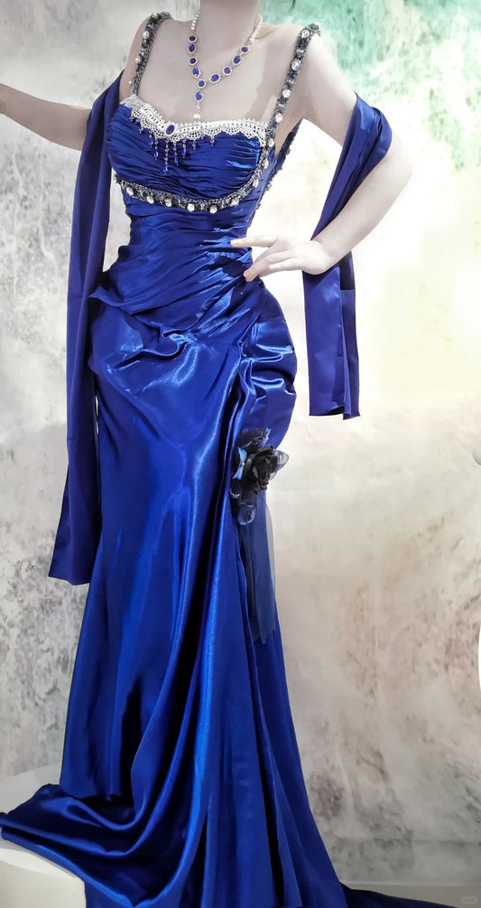 Superbe robe de soirée longue en satin fuchsia, style sirène, sans bretelles, ED02613