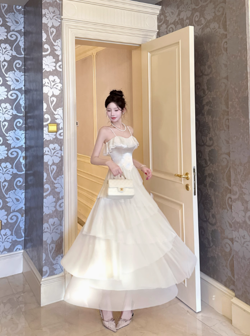Elegant Apricot Spaghetti Straps A-Line Layered Tulle Long Prom Dresses, Sweet 16 Dress ED03224