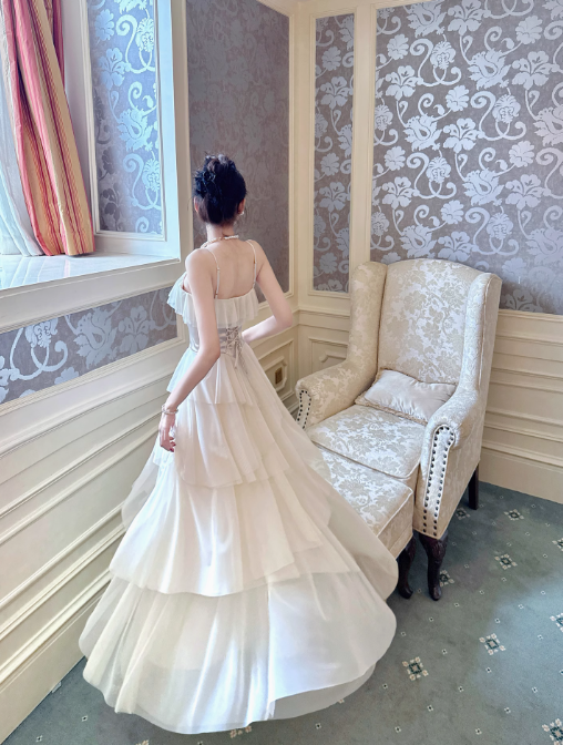 Elegant Apricot Spaghetti Straps A-Line Layered Tulle Long Prom Dresses, Sweet 16 Dress ED03224