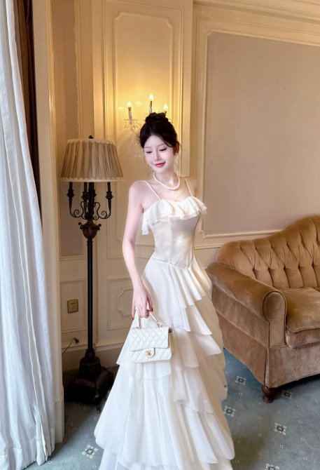 Elegant Apricot Spaghetti Straps A-Line Layered Tulle Long Prom Dresses, Sweet 16 Dress ED03224