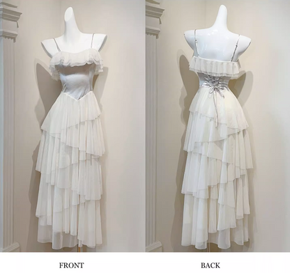 Elegant Apricot Spaghetti Straps A-Line Layered Tulle Long Prom Dresses, Sweet 16 Dress ED03224